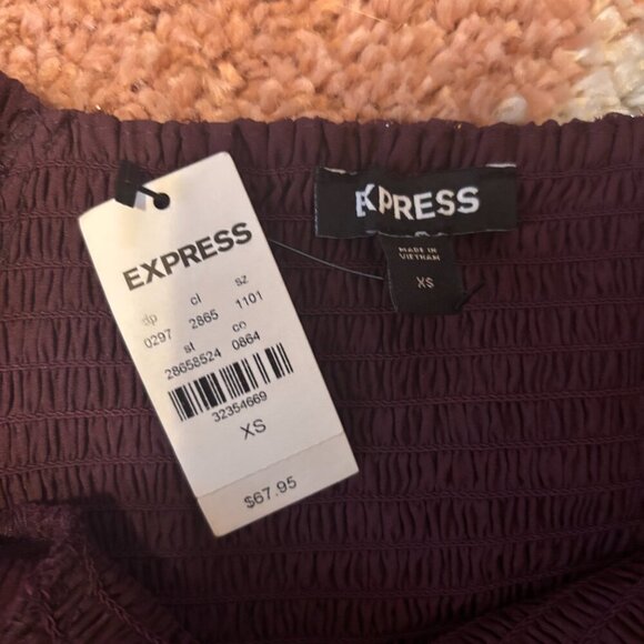 NWT $68 EXPRESS Smocked Top Sheer Burgundy Puff Sleeves w/ Shoulder Pads Sz XS - Picture 3 of 7